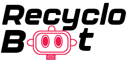 the first version of the recyclobot logo, black typeface and wireframe of a robot head